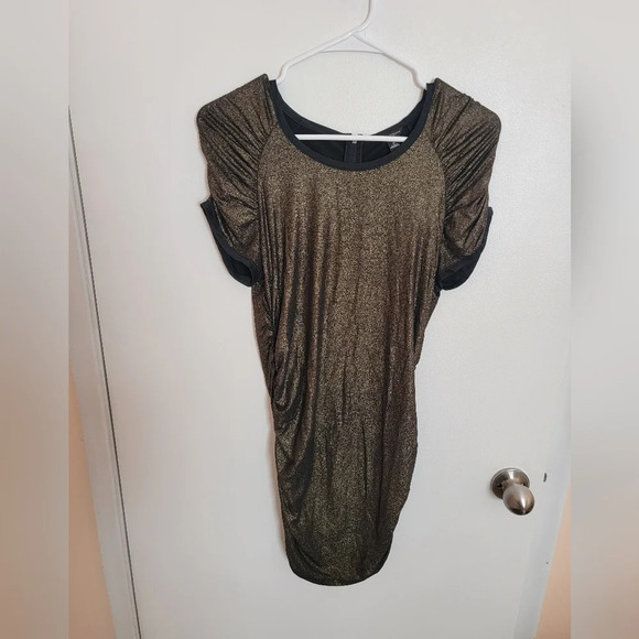 Ann Taylor Gold & Black Scrunch Dress Womens Medium Bohemian Boho - Picture 1 of 6